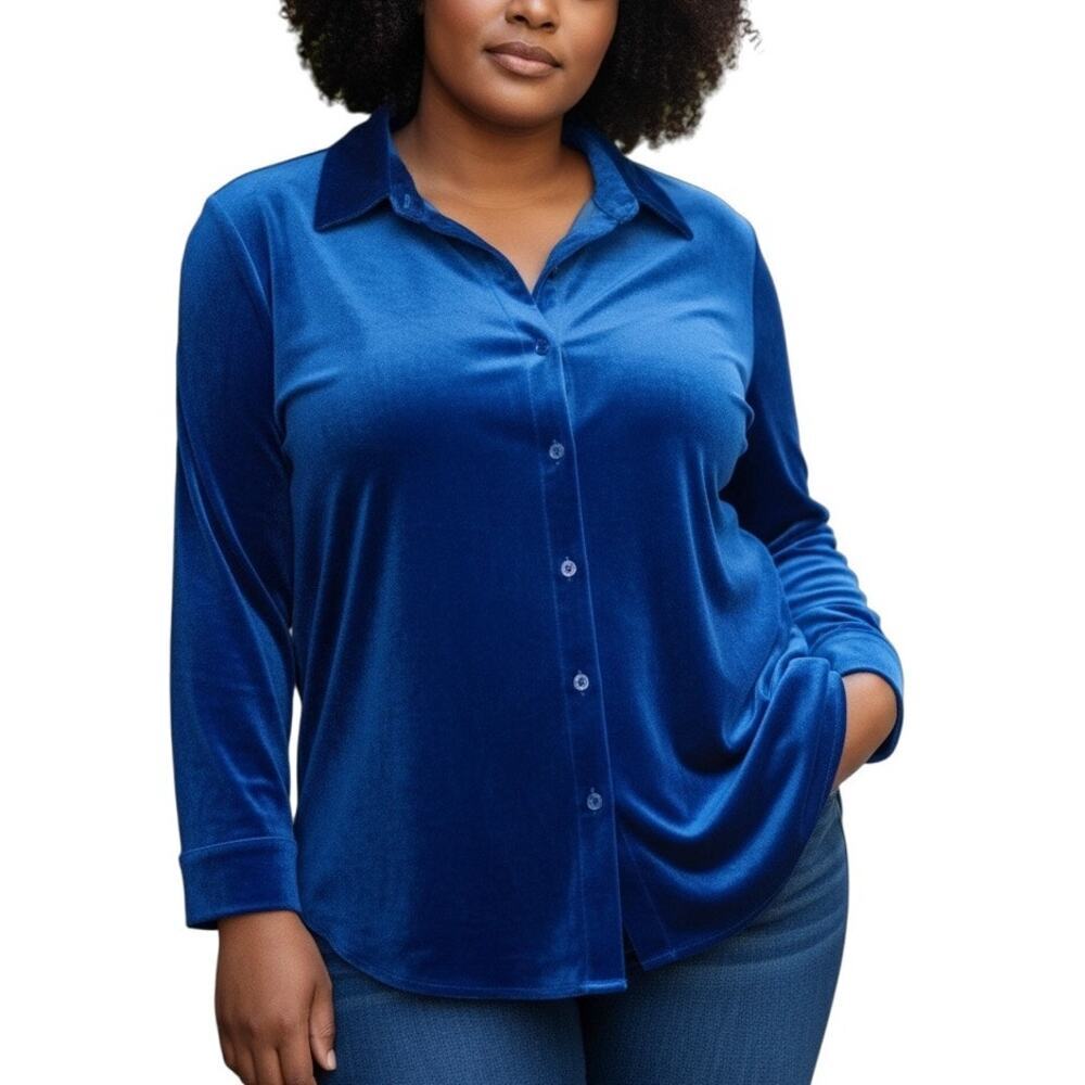 Soft Surroundings Royal Blue Velvet Button Down Top 1X